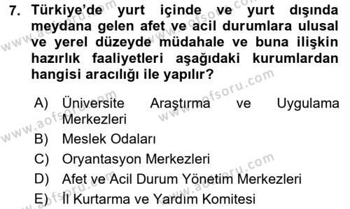 Afet Yönetimi 2 Dersi 2021 - 2022 Yılı (Vize) Ara Sınavı 7. Soru