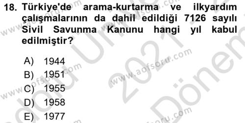 Afet Yönetimi 2 Dersi 2021 - 2022 Yılı (Final) Dönem Sonu Sınavı 18. Soru