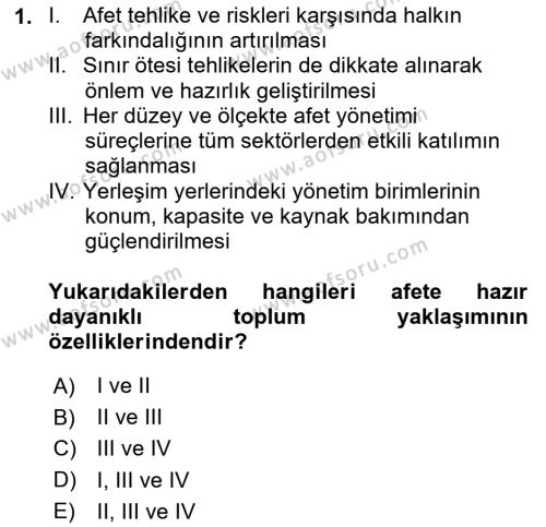 Afet Yönetimi 2 Dersi 2021 - 2022 Yılı Yaz Okulu Sınavı 1. Soru