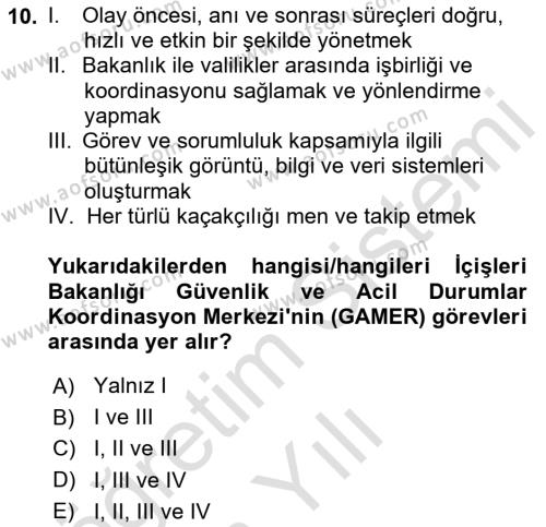 Afet Yönetimi 2 Dersi 2021 - 2022 Yılı Yaz Okulu Sınavı 10. Soru