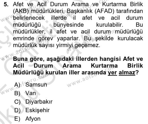 Afet Yönetimi 2 Dersi 2021 - 2022 Yılı Yaz Okulu Sınavı 5. Soru