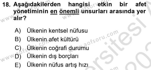 Afet Yönetimi 2 Dersi 2023 - 2024 Yılı (Final) Dönem Sonu Sınavı 18. Soru