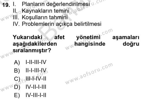 Afet Yönetimi 2 Dersi 2023 - 2024 Yılı (Final) Dönem Sonu Sınavı 19. Soru