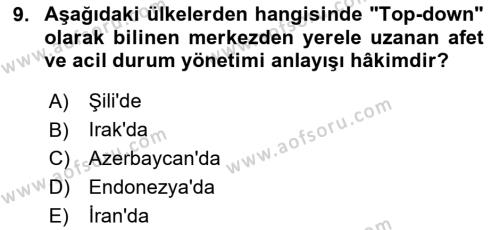 Afet Yönetimi 2 Dersi 2023 - 2024 Yılı (Final) Dönem Sonu Sınavı 9. Soru