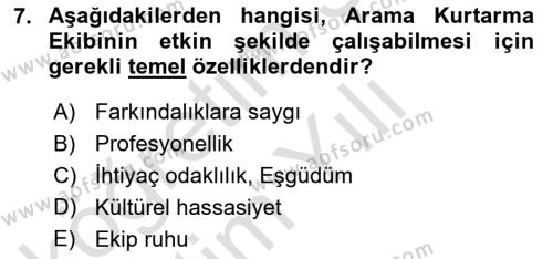 Arama Kurtarma Bilgisi ve Etik Değerler Dersi 2023 - 2024 Yılı Yaz Okulu Sınavı 7. Soru