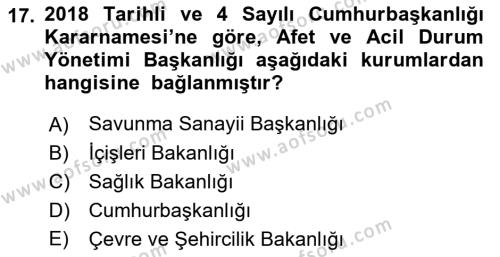 Afet Senaryosu ve Tatbikatlar Dersi 2018 - 2019 Yılı (Vize) Ara Sınavı 17. Soru