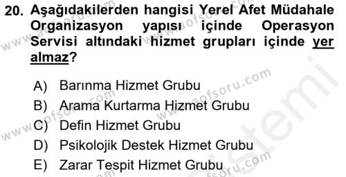 Afet Senaryosu ve Tatbikatlar Dersi 2018 - 2019 Yılı (Vize) Ara Sınavı 20. Soru