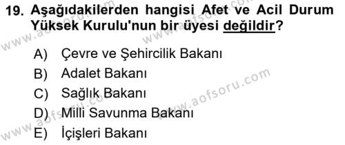 Afet Senaryosu ve Tatbikatlar Dersi 2021 - 2022 Yılı (Vize) Ara Sınavı 19. Soru