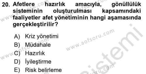 Afet Senaryosu ve Tatbikatlar Dersi 2021 - 2022 Yılı (Vize) Ara Sınavı 20. Soru