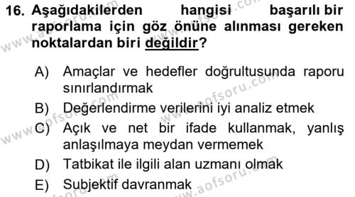 Afet Senaryosu ve Tatbikatlar Dersi 2021 - 2022 Yılı (Final) Dönem Sonu Sınavı 16. Soru