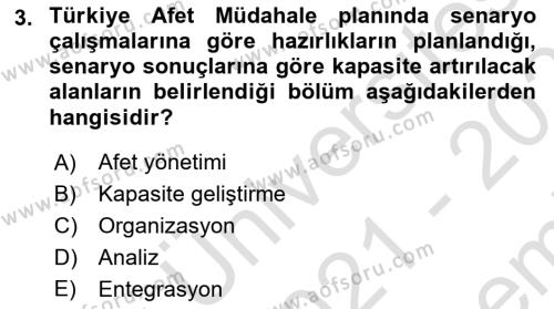 Afet Senaryosu ve Tatbikatlar Dersi 2021 - 2022 Yılı (Final) Dönem Sonu Sınavı 3. Soru