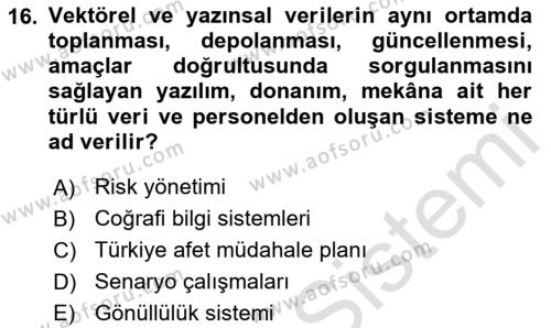 Afet Senaryosu ve Tatbikatlar Dersi 2023 - 2024 Yılı (Vize) Ara Sınavı 16. Soru