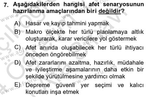 Afet Senaryosu ve Tatbikatlar Dersi 2023 - 2024 Yılı (Vize) Ara Sınavı 7. Soru