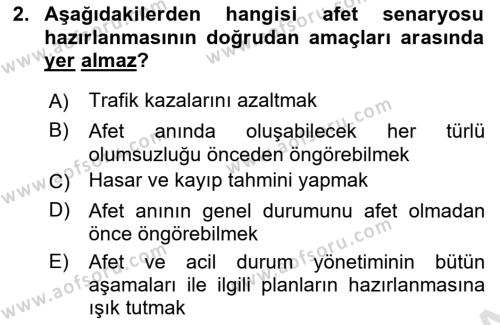 Afet Senaryosu ve Tatbikatlar Dersi 2023 - 2024 Yılı (Final) Dönem Sonu Sınavı 2. Soru