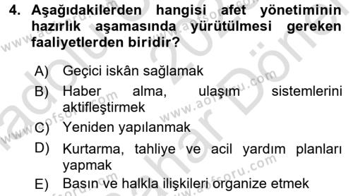 Afet Senaryosu ve Tatbikatlar Dersi 2023 - 2024 Yılı (Final) Dönem Sonu Sınavı 4. Soru