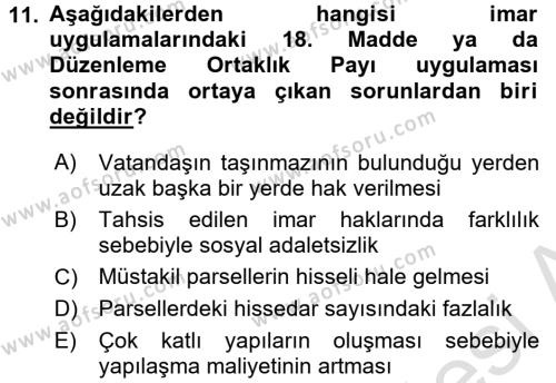 Kent, Planlama ve Afet Risk Yönetimi Dersi 2017 - 2018 Yılı (Vize) Ara Sınavı 11. Soru