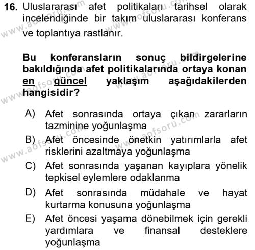 Kent, Planlama ve Afet Risk Yönetimi Dersi 2017 - 2018 Yılı (Final) Dönem Sonu Sınavı 16. Soru