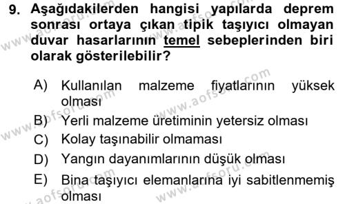 Kent, Planlama ve Afet Risk Yönetimi Dersi 2017 - 2018 Yılı (Final) Dönem Sonu Sınavı 9. Soru