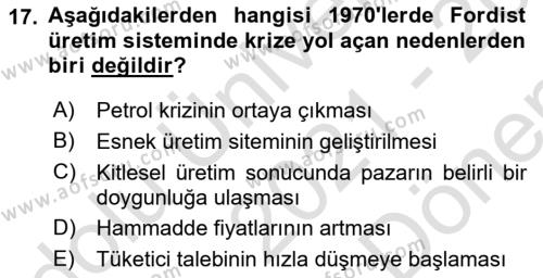 Kent, Planlama ve Afet Risk Yönetimi Dersi 2021 - 2022 Yılı (Final) Dönem Sonu Sınavı 17. Soru