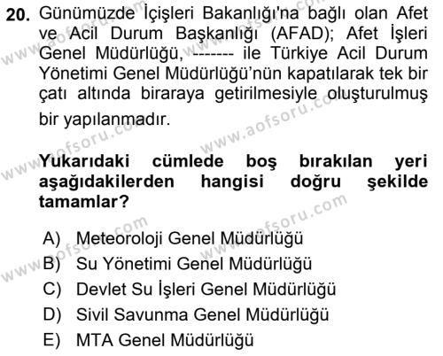 Kent, Planlama ve Afet Risk Yönetimi Dersi 2021 - 2022 Yılı (Final) Dönem Sonu Sınavı 20. Soru