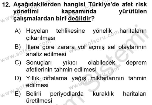 Kent, Planlama ve Afet Risk Yönetimi Dersi 2021 - 2022 Yılı Yaz Okulu Sınavı 12. Soru