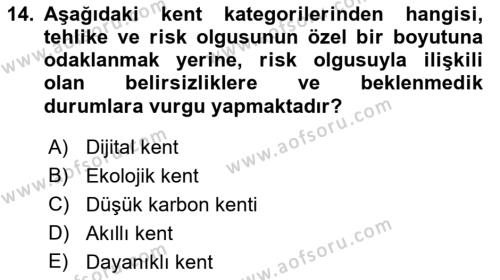 Kent, Planlama ve Afet Risk Yönetimi Dersi 2021 - 2022 Yılı Yaz Okulu Sınavı 14. Soru