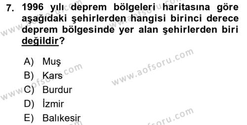 Kent, Planlama ve Afet Risk Yönetimi Dersi 2021 - 2022 Yılı Yaz Okulu Sınavı 7. Soru