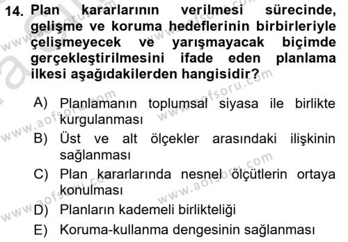 Kent, Planlama ve Afet Risk Yönetimi Dersi 2022 - 2023 Yılı (Vize) Ara Sınavı 14. Soru