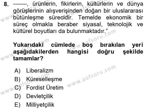 Kent, Planlama ve Afet Risk Yönetimi Dersi 2022 - 2023 Yılı (Vize) Ara Sınavı 8. Soru