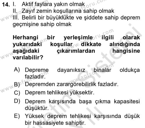 Kent, Planlama ve Afet Risk Yönetimi Dersi 2022 - 2023 Yılı Yaz Okulu Sınavı 14. Soru