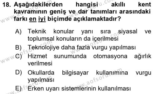 Kent, Planlama ve Afet Risk Yönetimi Dersi 2022 - 2023 Yılı Yaz Okulu Sınavı 18. Soru