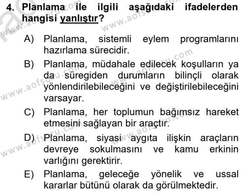 Kent, Planlama ve Afet Risk Yönetimi Dersi 2022 - 2023 Yılı Yaz Okulu Sınavı 4. Soru