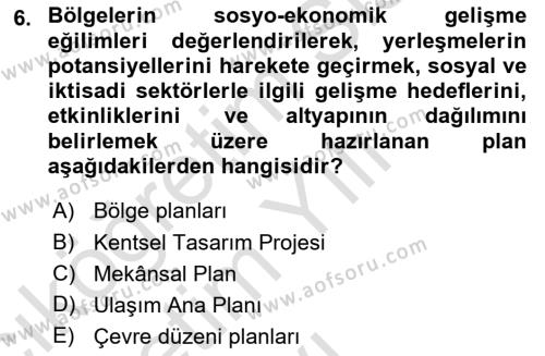 Kent, Planlama ve Afet Risk Yönetimi Dersi 2022 - 2023 Yılı Yaz Okulu Sınavı 6. Soru