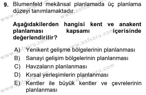 Kent, Planlama ve Afet Risk Yönetimi Dersi 2023 - 2024 Yılı (Vize) Ara Sınavı 9. Soru