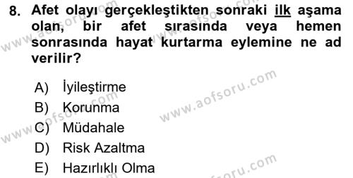 Kent, Planlama ve Afet Risk Yönetimi Dersi 2023 - 2024 Yılı (Final) Dönem Sonu Sınavı 8. Soru