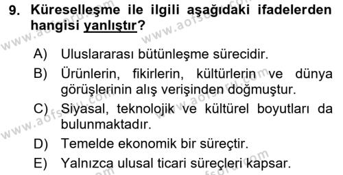 Kent, Planlama ve Afet Risk Yönetimi Dersi 2023 - 2024 Yılı (Final) Dönem Sonu Sınavı 9. Soru