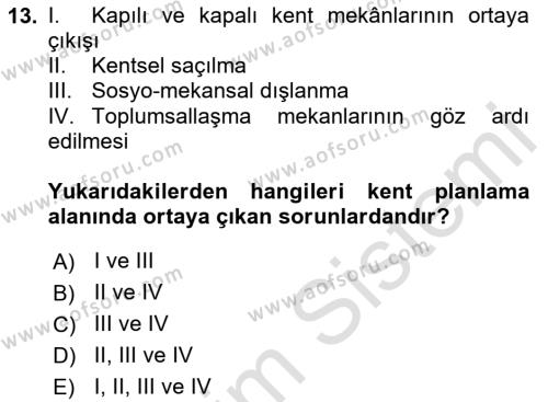 Kent, Planlama ve Afet Risk Yönetimi Dersi 2023 - 2024 Yılı Yaz Okulu Sınavı 13. Soru