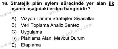 Kent, Planlama ve Afet Risk Yönetimi Dersi 2024 - 2025 Yılı (Vize) Ara Sınavı 16. Soru