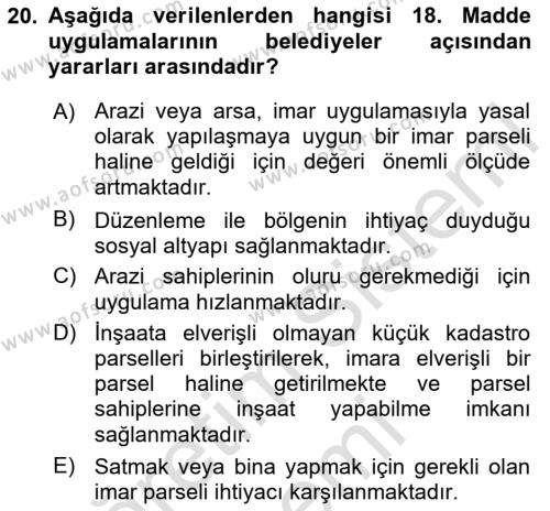 Kent, Planlama ve Afet Risk Yönetimi Dersi 2024 - 2025 Yılı (Vize) Ara Sınavı 20. Soru