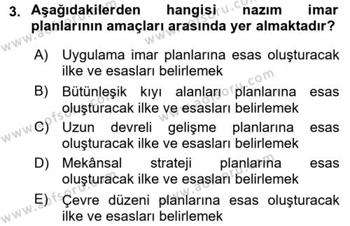 Kent, Planlama ve Afet Risk Yönetimi Dersi 2024 - 2025 Yılı (Vize) Ara Sınavı 3. Soru