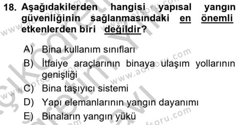 Yangın ve Yangın Güvenliği Dersi 2018 - 2019 Yılı Yaz Okulu Sınavı 18. Soru