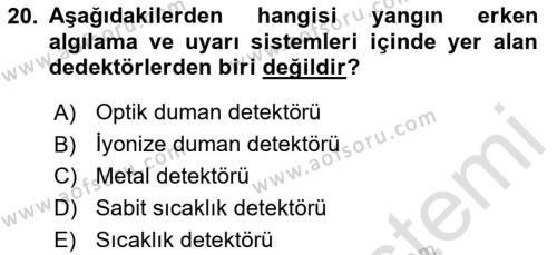 Yangın ve Yangın Güvenliği Dersi 2023 - 2024 Yılı (Final) Dönem Sonu Sınavı 20. Soru