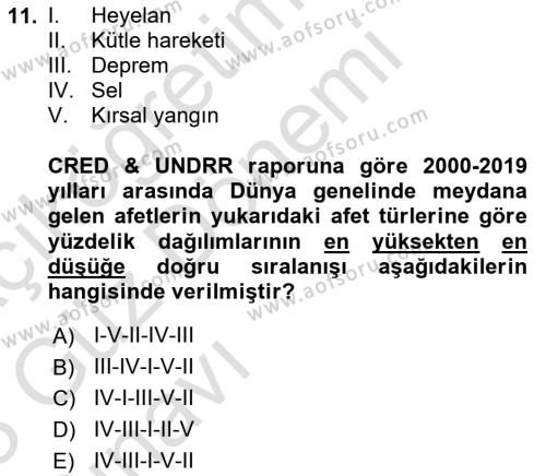 Temel Afet Bilgisi Dersi 2022 - 2023 Yılı (Vize) Ara Sınavı 11. Soru