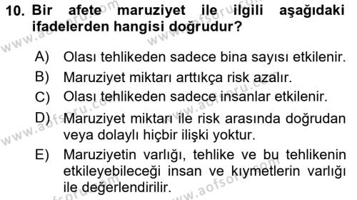 Temel Afet Bilgisi Dersi 2022 - 2023 Yılı Yaz Okulu Sınavı 10. Soru