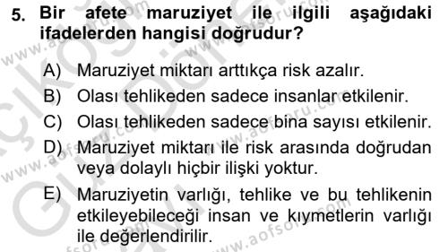 Temel Afet Bilgisi Dersi 2023 - 2024 Yılı (Vize) Ara Sınavı 5. Soru