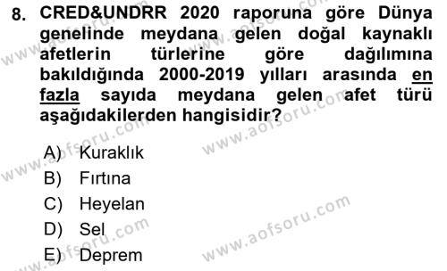 Temel Afet Bilgisi Dersi 2023 - 2024 Yılı (Vize) Ara Sınavı 8. Soru