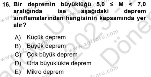 Temel Afet Bilgisi Dersi 2023 - 2024 Yılı (Final) Dönem Sonu Sınavı 16. Soru