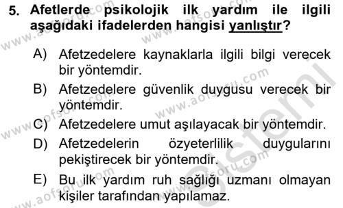 Afet Psikolojisi ve Sosyolojisi Dersi 2018 - 2019 Yılı 3 Ders Sınavı 5. Soru