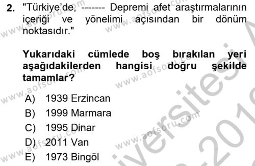 Afet Psikolojisi ve Sosyolojisi Dersi 2018 - 2019 Yılı Yaz Okulu Sınavı 2. Soru