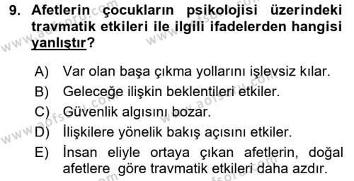 Afet Psikolojisi ve Sosyolojisi Dersi 2020 - 2021 Yılı Yaz Okulu Sınavı 9. Soru